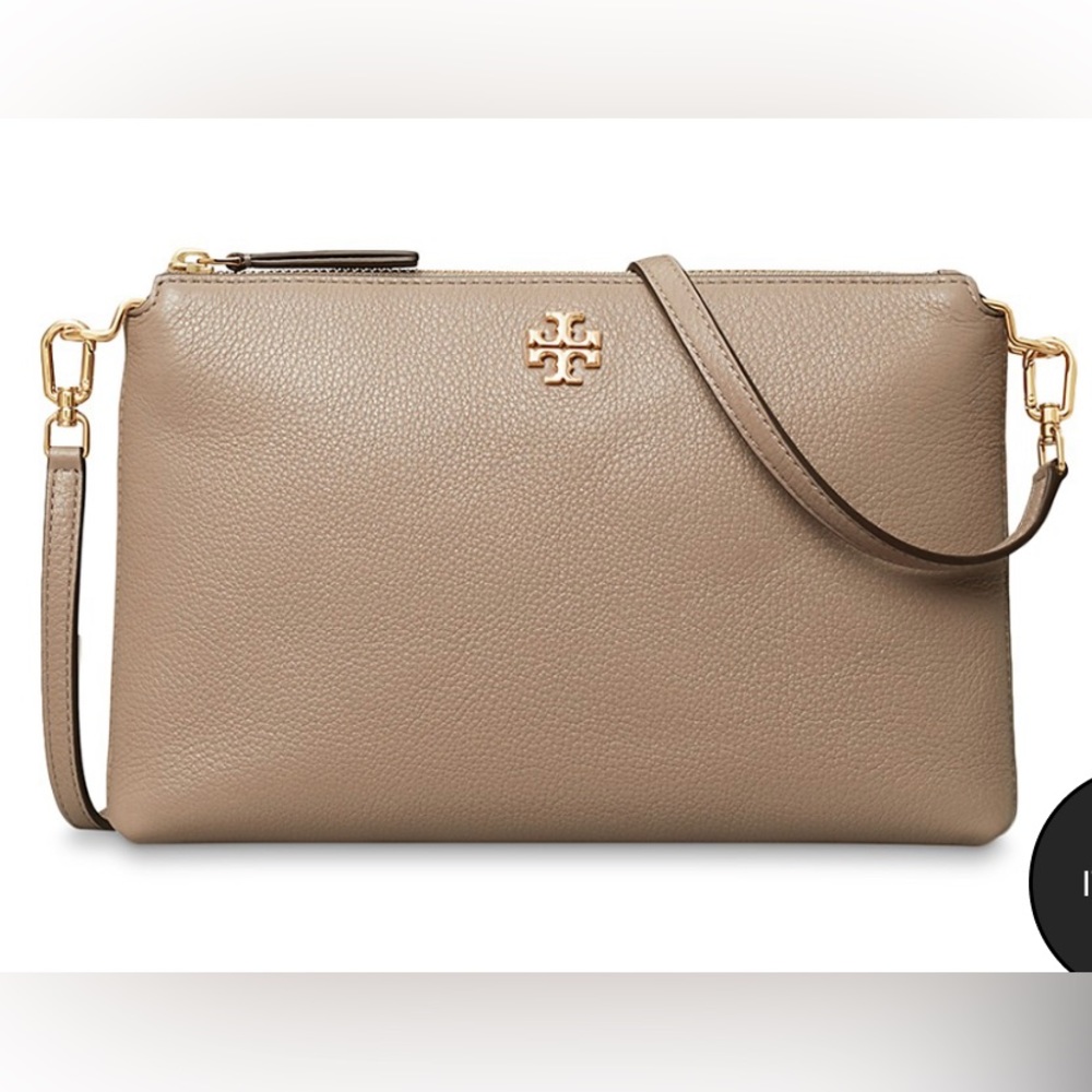 Tory Burch Kira Small Pebbled Leather Top-Zip Crossbody in Gray Heron